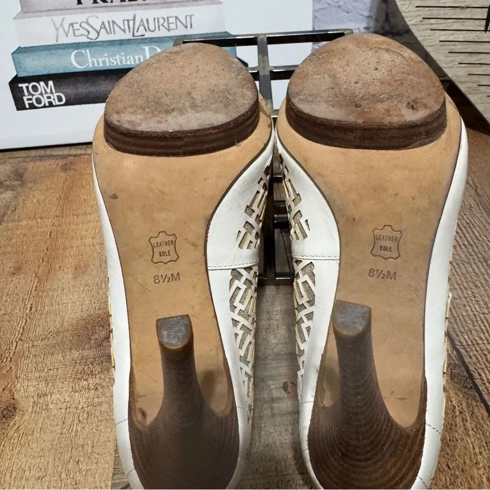 TORY BURCH Regan Leather/ Linen Peep-Toe Cut-out High Heel Pumps 8.5M - Picture 11 of 11